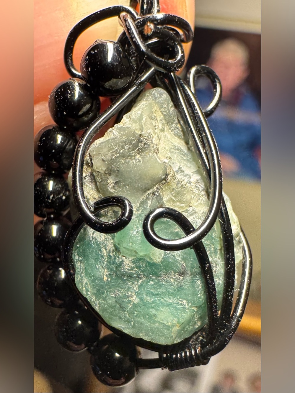 Rough Emerald (Unpolished) With Smooth Obsidian Beads In Black Wire Wrap